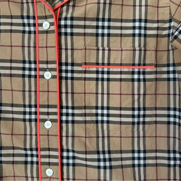 Burberry Tan Plaid Button-Up Shirt with Pink Trim Detail - Picture 3 of 13